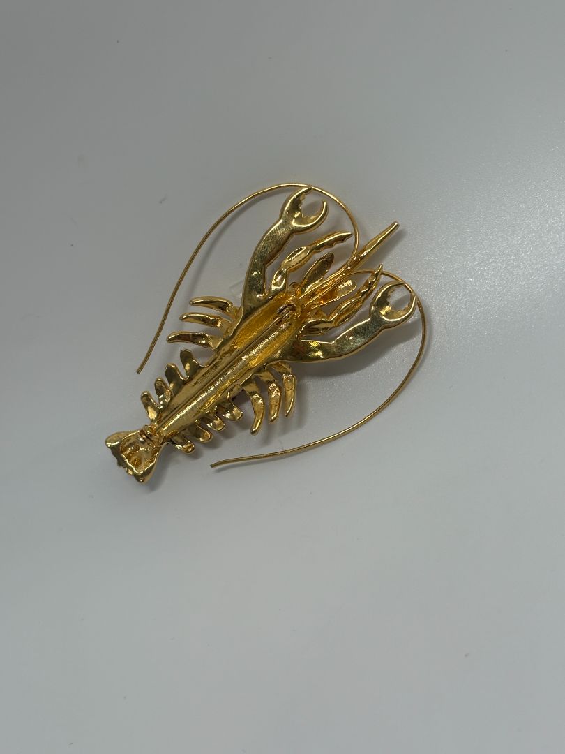 Gold-Tone Vintage Rhinestone 1990s Lobster Figural Brooch Pin