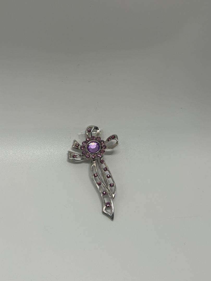 Silver/Purple Vintage Ribbon Bow 1950s/1960s Silver-Tone Brooch Pin