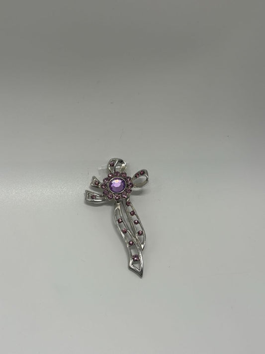 Silver/Purple Vintage Ribbon Bow 1950s/1960s Silver-Tone Brooch Pin