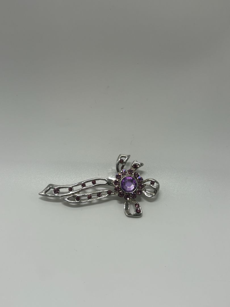 Silver/Purple Vintage Ribbon Bow 1950s/1960s Silver-Tone Brooch Pin