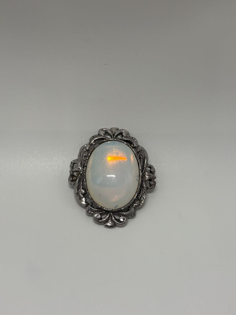 Vintage 1970 Faux Oval Opaline Silvery Pewter Tone Brooch Pin
