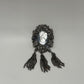 Vintage 1970s Cameo Silver Pewter Tone Scroll Openwork Triple Chain Brooch Pin