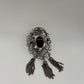 Vintage 1970s Cameo Silver Pewter Tone Scroll Openwork Triple Chain Brooch Pin
