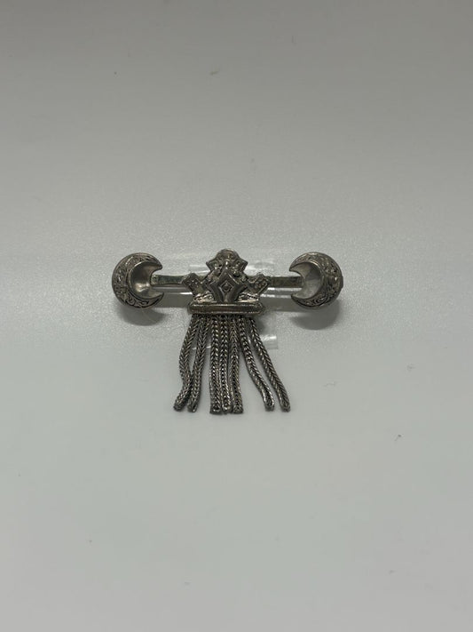 Silver-Tone Vintage 1950s Mid Century F Fringe Bar Moon & Shield Brooch Pin