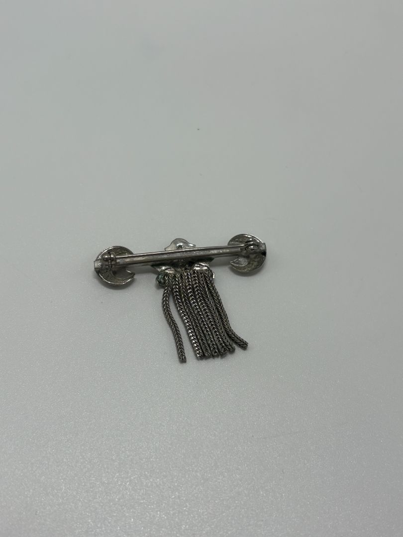 Silver-Tone Vintage 1950s Mid Century F Fringe Bar Moon & Shield Brooch Pin