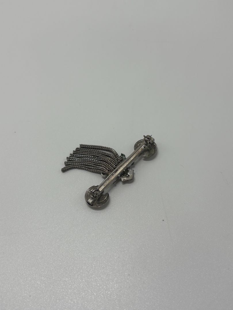 Silver-Tone Vintage 1950s Mid Century F Fringe Bar Moon & Shield Brooch Pin
