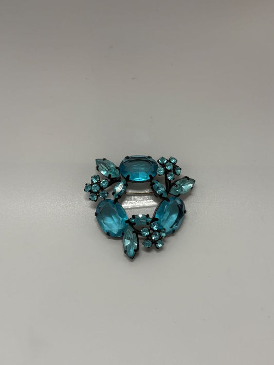 Black/Blue Vintage 1960s Mid Century Signed Joseph Warner Rhinestone Japanned Brooch Pin