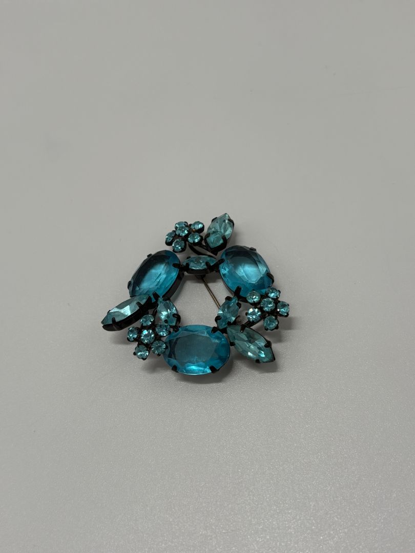 Black/Blue Vintage 1960s Mid Century Signed Joseph Warner Rhinestone Japanned Brooch Pin
