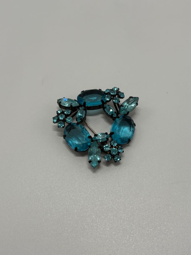 Black/Blue Vintage 1960s Mid Century Signed Joseph Warner Rhinestone Japanned Brooch Pin