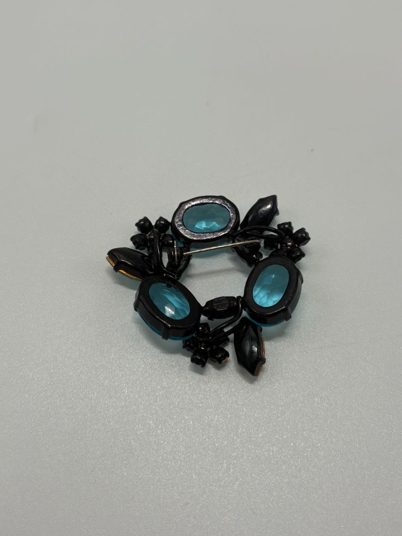 Black/Blue Vintage 1960s Mid Century Signed Joseph Warner Rhinestone Japanned Brooch Pin