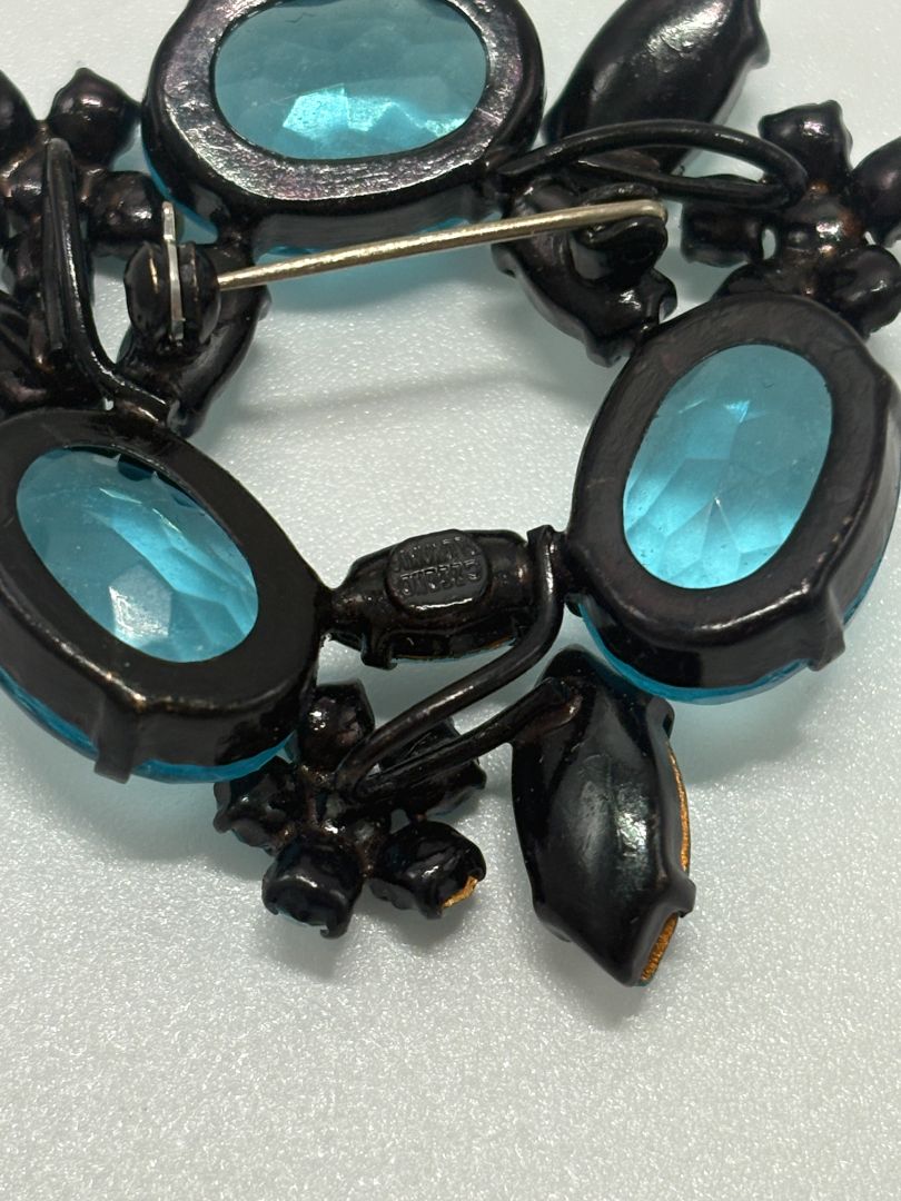 Black/Blue Vintage 1960s Mid Century Signed Joseph Warner Rhinestone Japanned Brooch Pin