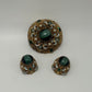 W. Germany Gold/Green Vintage 1950s Layered Filigree Brooch & Earrings Parure Set
