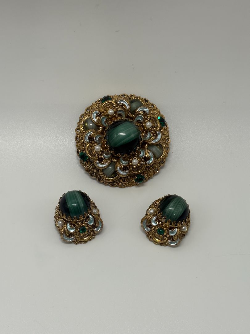 W. Germany Gold/Green Vintage 1950s Layered Filigree Brooch & Earrings Parure Set