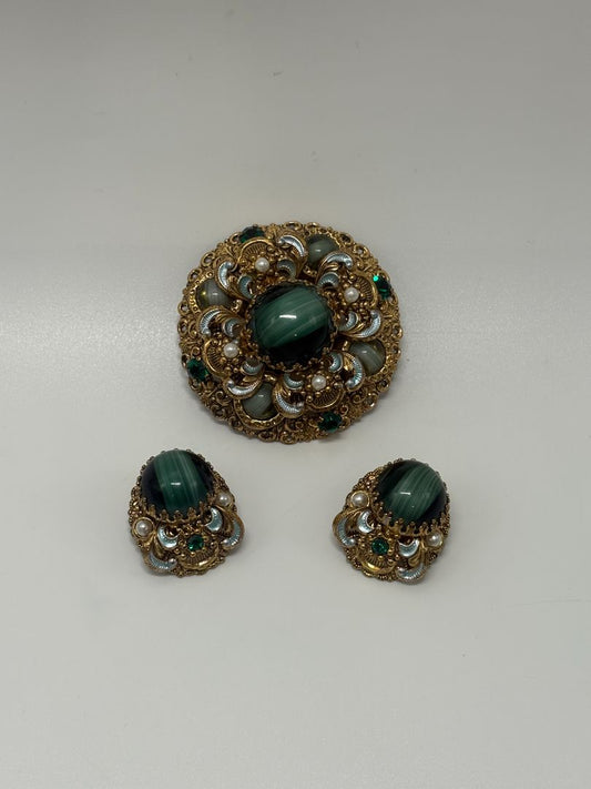 W. Germany Gold/Green Vintage 1950s Layered Filigree Brooch & Earrings Parure Set
