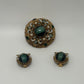W. Germany Gold/Green Vintage 1950s Layered Filigree Brooch & Earrings Parure Set