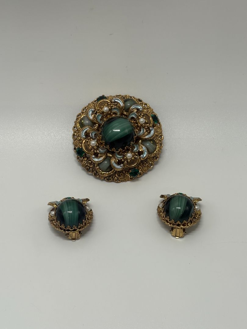 W. Germany Gold/Green Vintage 1950s Layered Filigree Brooch & Earrings Parure Set