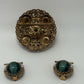 W. Germany Gold/Green Vintage 1950s Layered Filigree Brooch & Earrings Parure Set