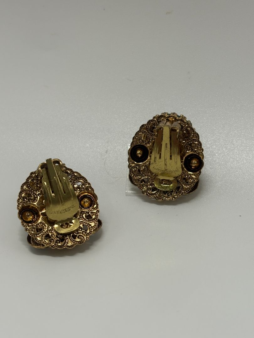 W. Germany Gold/Green Vintage 1950s Layered Filigree Brooch & Earrings Parure Set