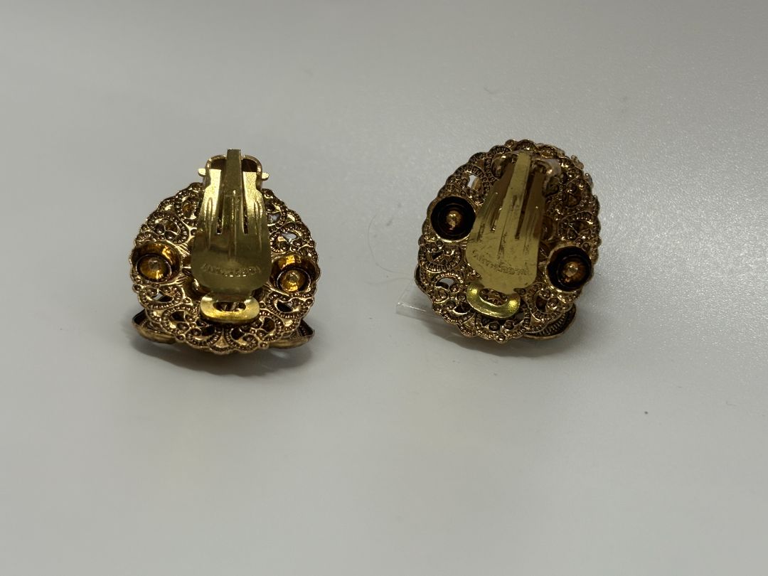 W. Germany Gold/Green Vintage 1950s Layered Filigree Brooch & Earrings Parure Set