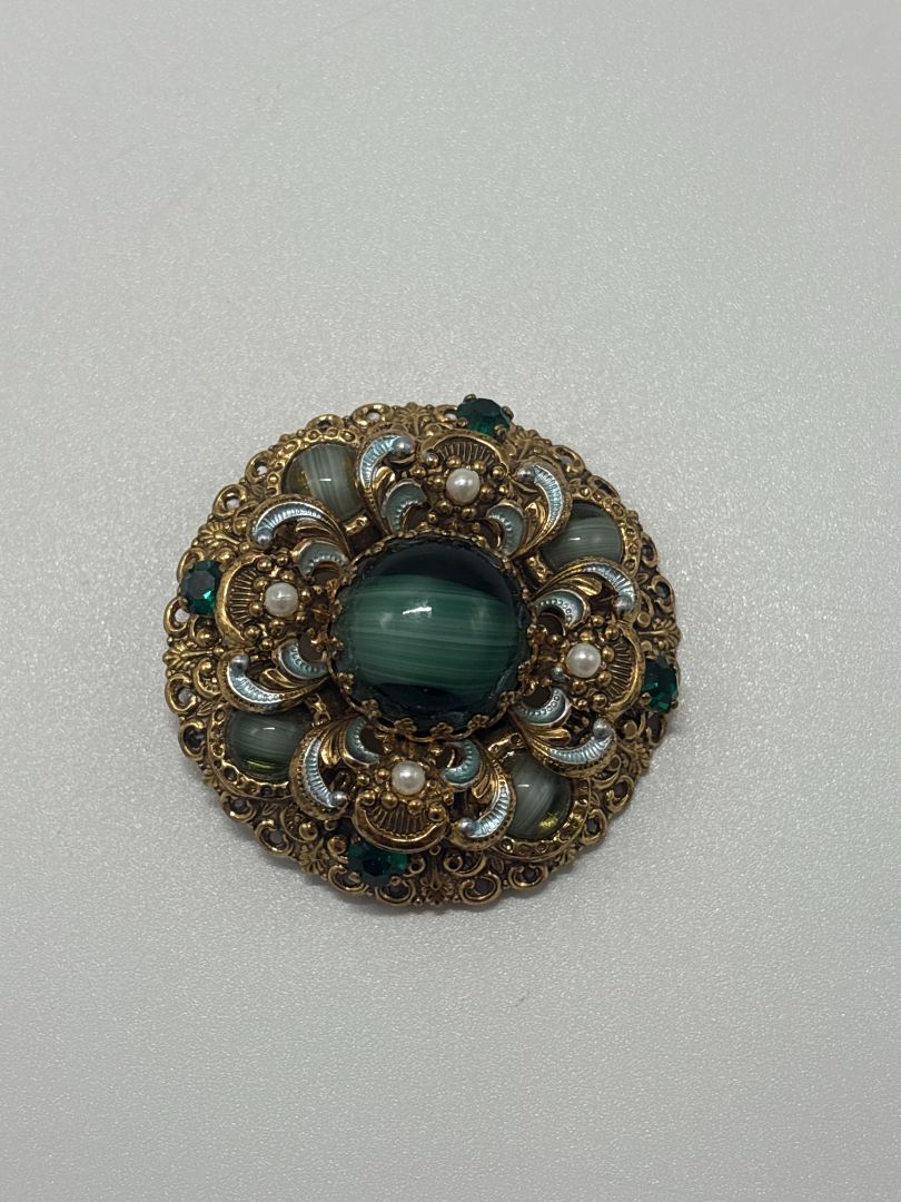 W. Germany Gold/Green Vintage 1950s Layered Filigree Brooch & Earrings Parure Set