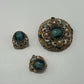 W. Germany Gold/Green Vintage 1950s Layered Filigree Brooch & Earrings Parure Set