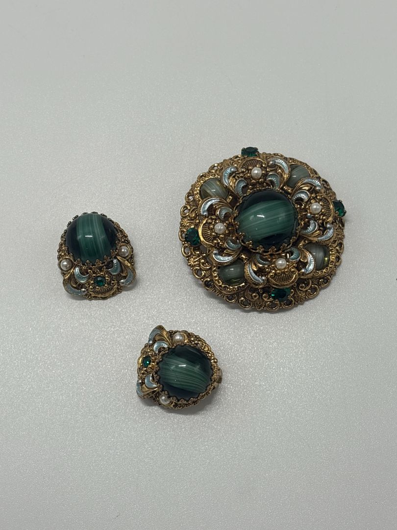 W. Germany Gold/Green Vintage 1950s Layered Filigree Brooch & Earrings Parure Set