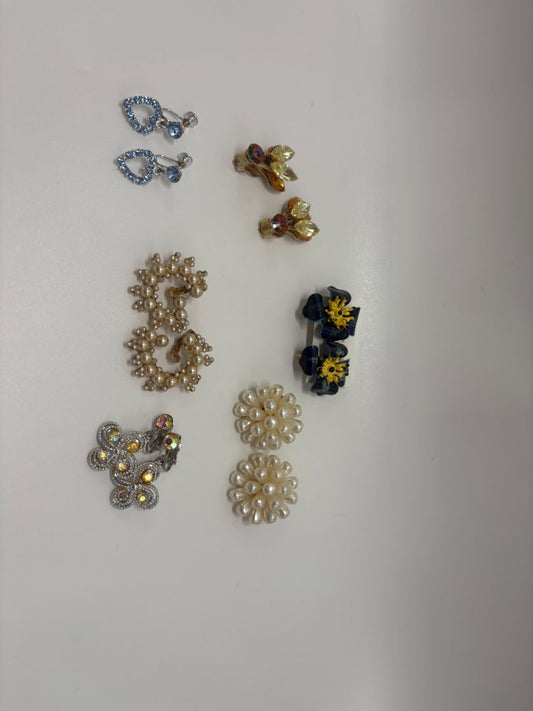 Vintage Clip-On Earring Lot of 6 1950s 1960s Faux Pearl Rhinestone Floral Earrings