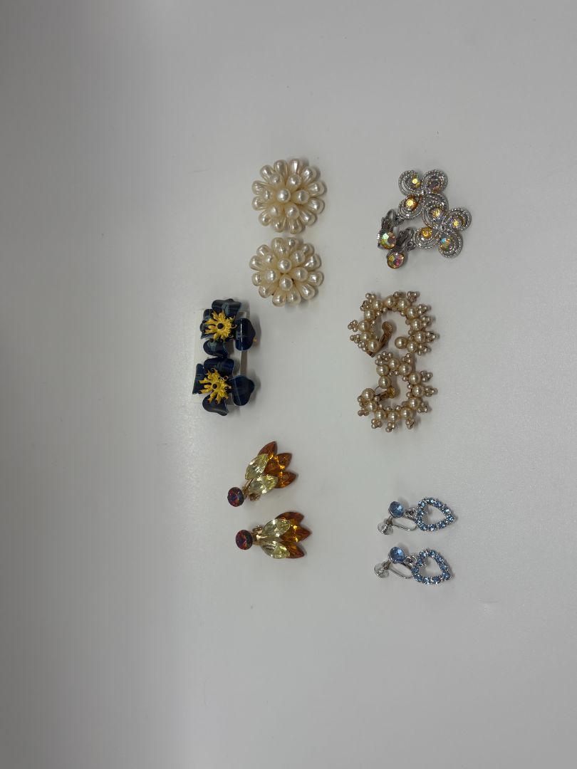 Vintage Clip-On Earring Lot of 6 1950s 1960s Faux Pearl Rhinestone Floral Earrings