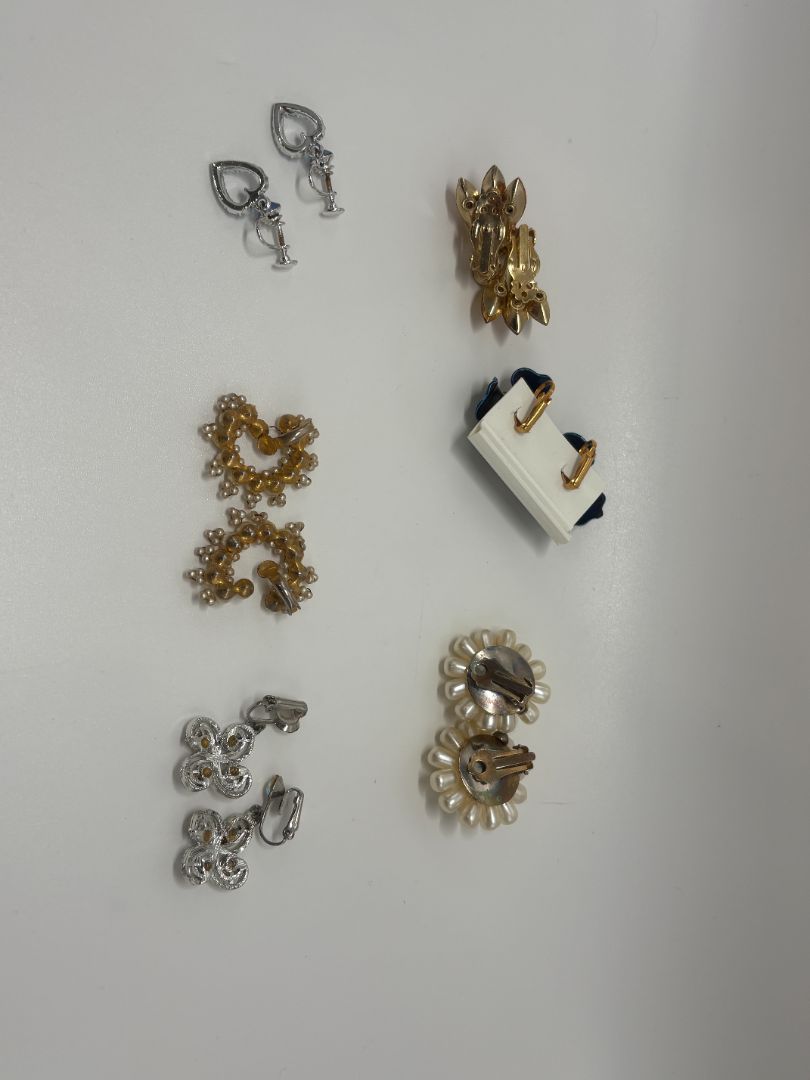 Vintage Clip-On Earring Lot of 6 1950s 1960s Faux Pearl Rhinestone Floral Earrings