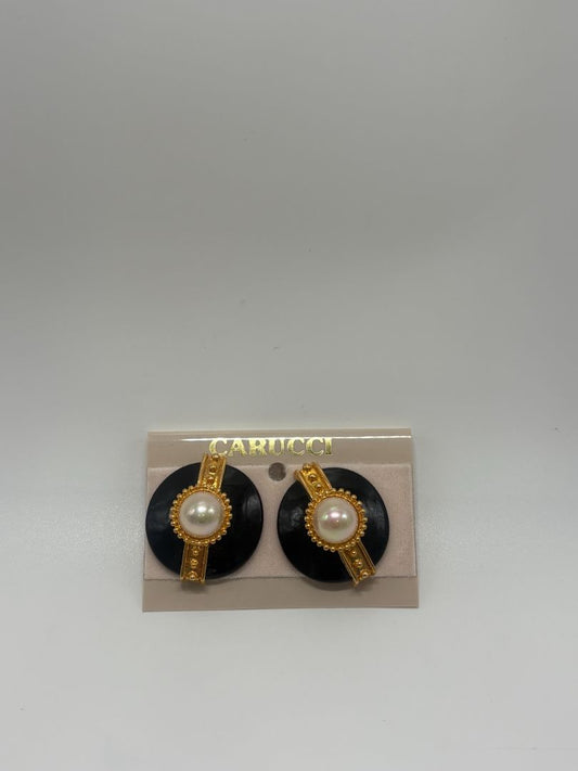 Carucci Vintage 80s/90s Black/Gold Enamel Faux Pearl Clip-On Earrings
