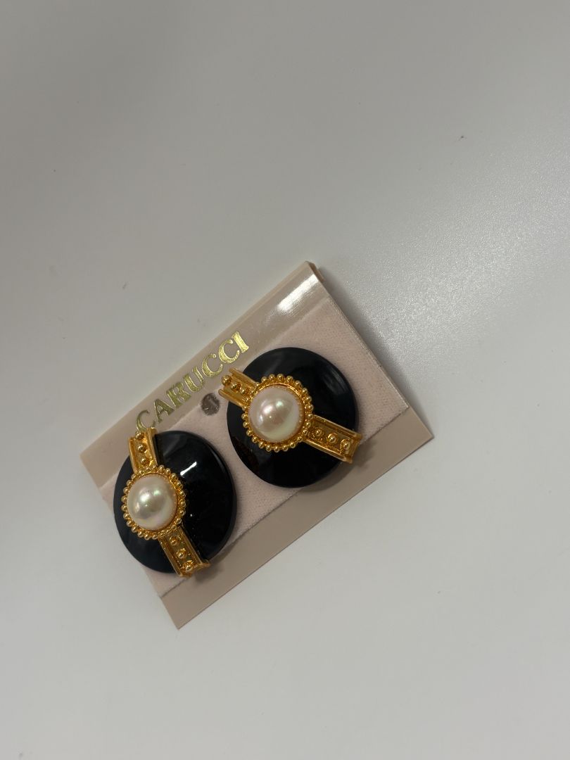 Carucci Vintage 80s/90s Black/Gold Enamel Faux Pearl Clip-On Earrings