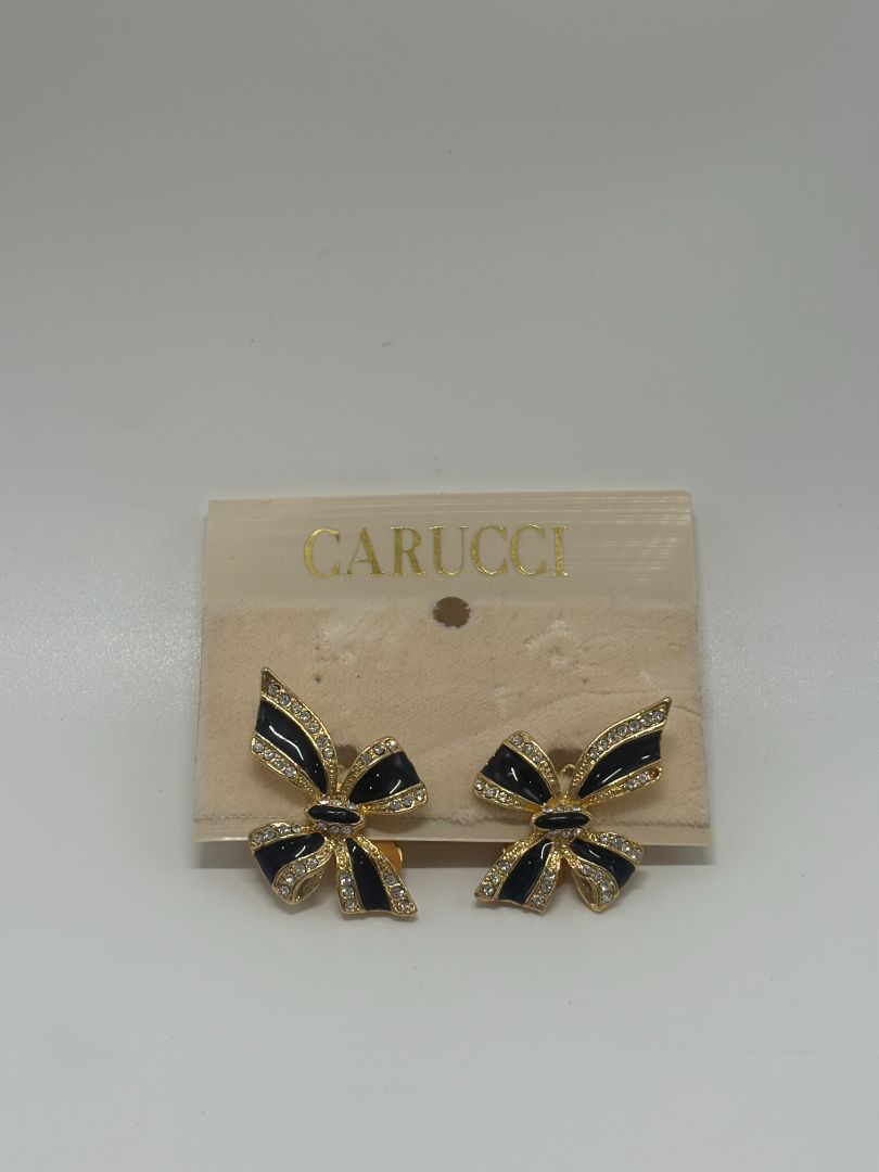 Carucci Vintage 1980s Black Rhinestone Enamel Bow Clip-On Earrings