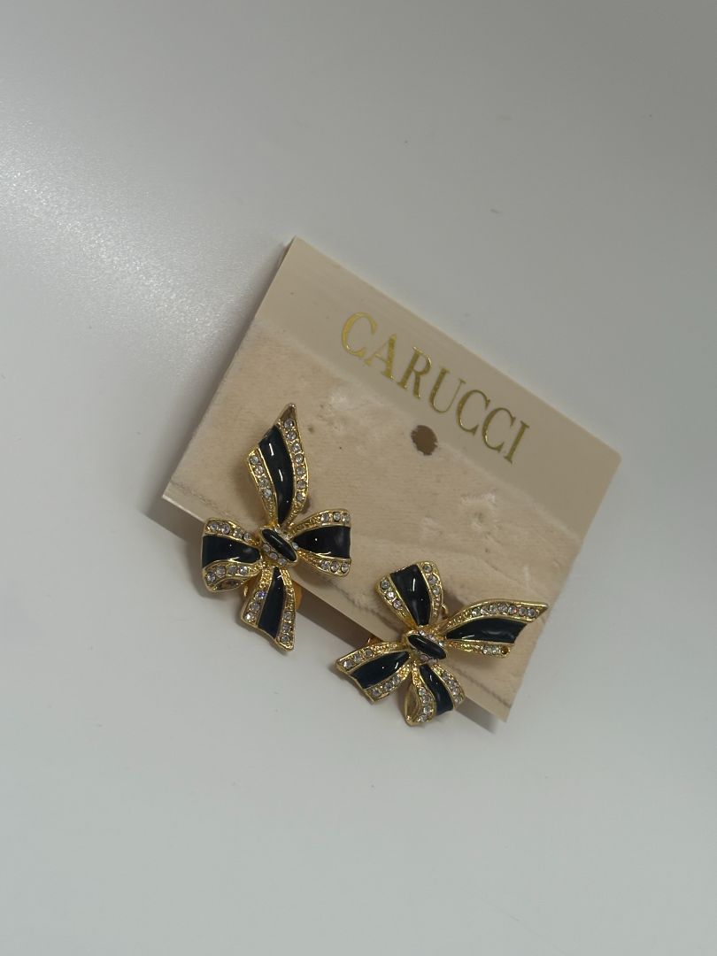 Carucci Vintage 1980s Black Rhinestone Enamel Bow Clip-On Earrings