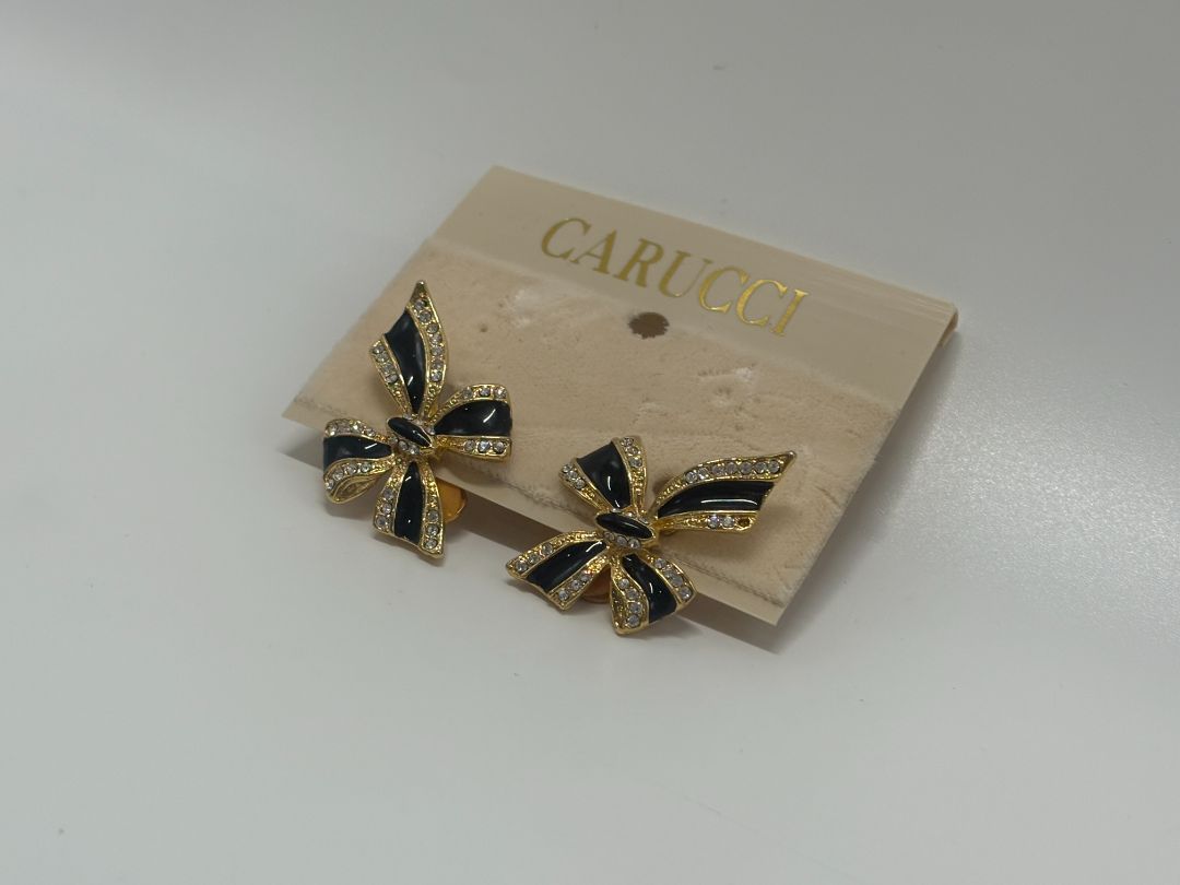 Carucci Vintage 1980s Black Rhinestone Enamel Bow Clip-On Earrings