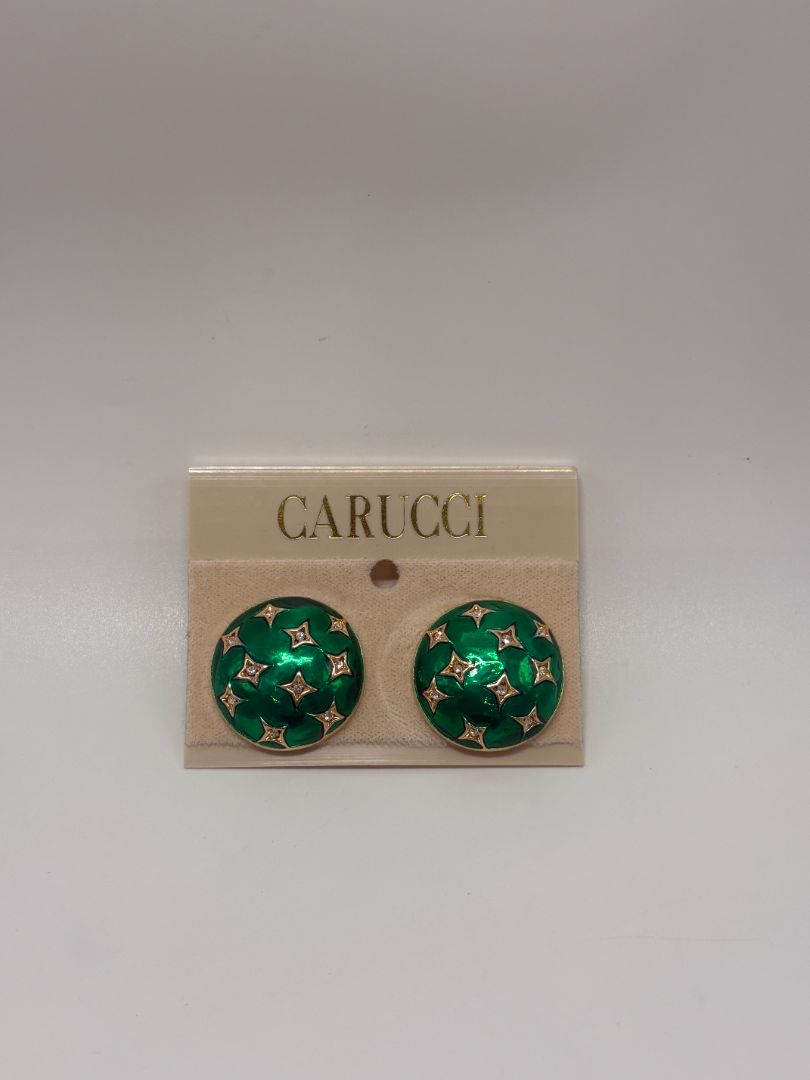 Carucci Vintage 1980s Green Enamel Star Dome Clip On Earrings