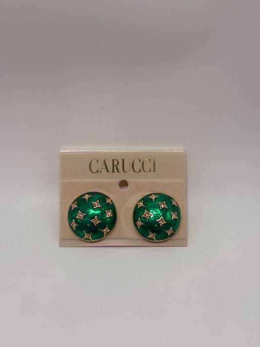 Carucci Vintage 1980s Green Enamel Star Dome Clip On Earrings