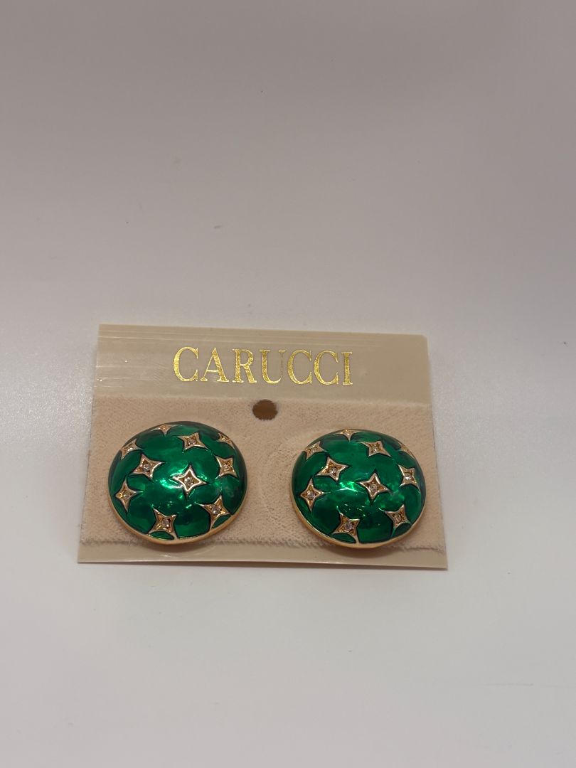 Carucci Vintage 1980s Green Enamel Star Dome Clip On Earrings