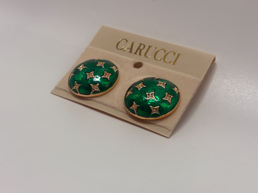 Carucci Vintage 1980s Green Enamel Star Dome Clip On Earrings