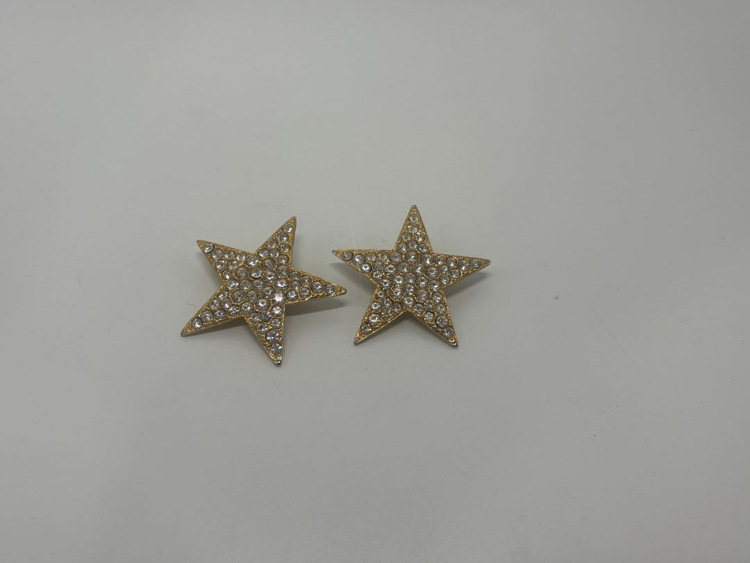 JS Signed Vintage 1980s Gold Tone Pavé Rhinestone Star Statement Clip On Earrings