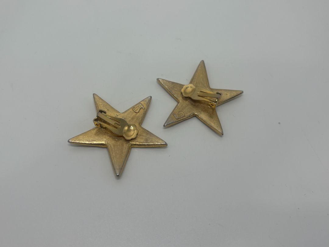 JS Signed Vintage 1980s Gold Tone Pavé Rhinestone Star Statement Clip On Earrings