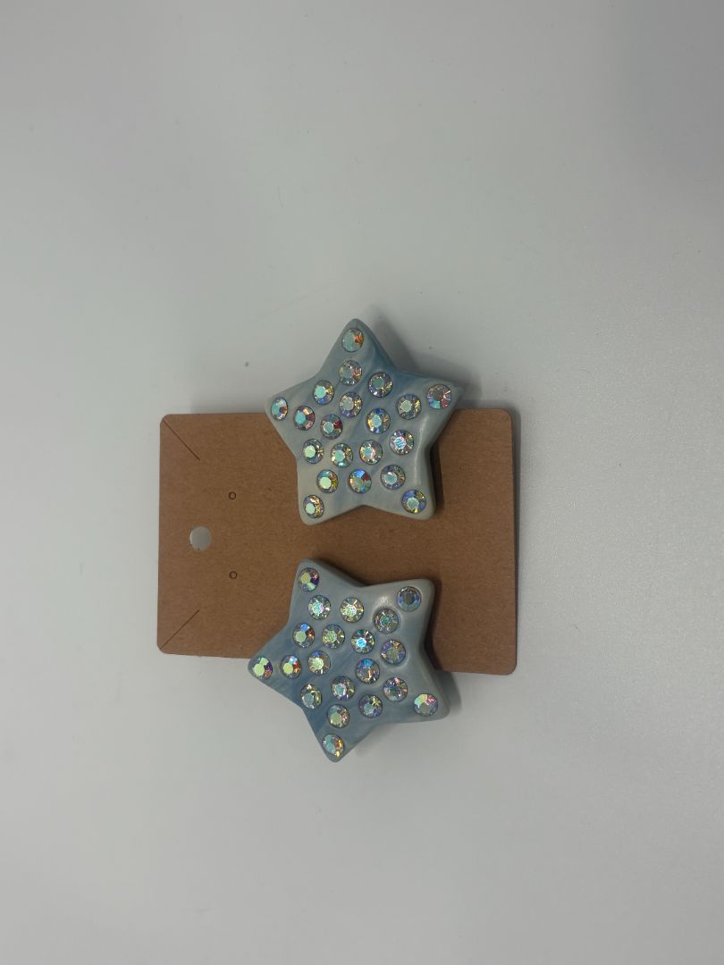 Vintage 80s/90s Pastel Blue Enamel Rhinestone Star Statement Clip On Earrings