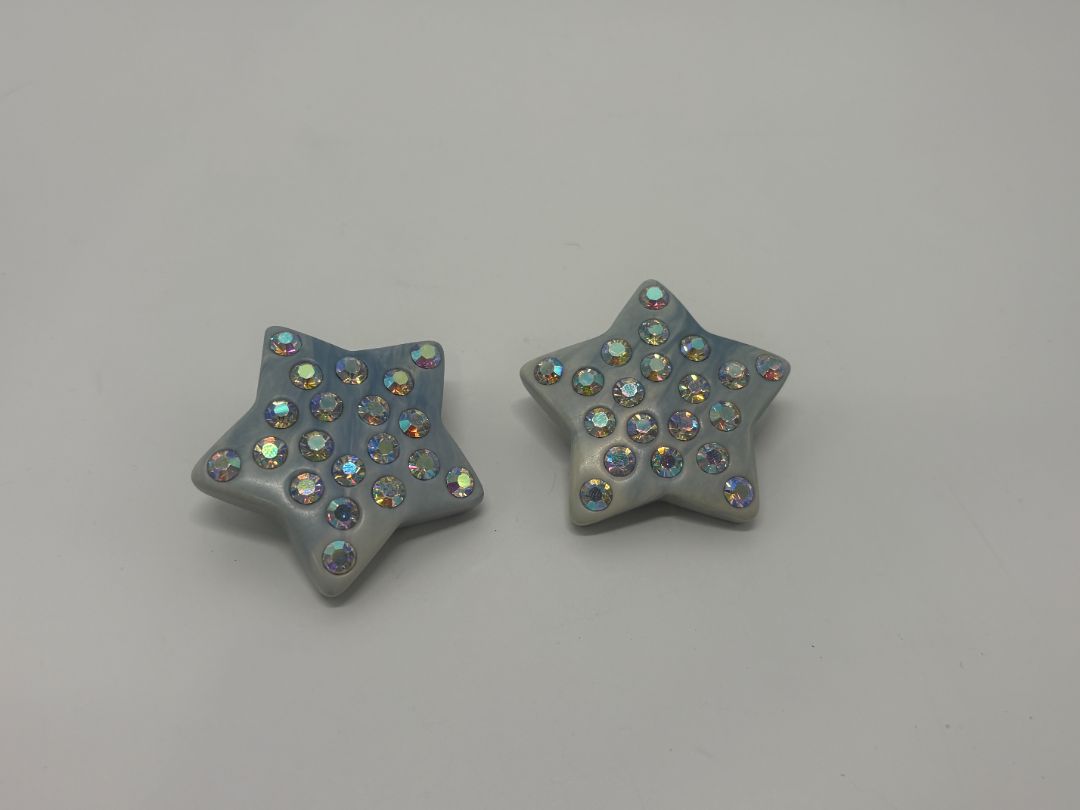Vintage 80s/90s Pastel Blue Enamel Rhinestone Star Statement Clip On Earrings