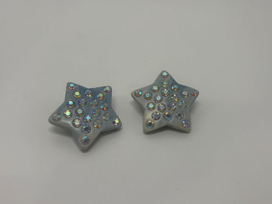 Vintage 80s/90s Pastel Blue Enamel Rhinestone Star Statement Clip On Earrings