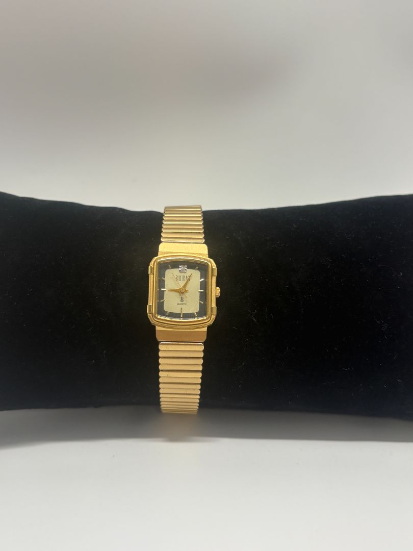 Bill Bass Vintage 1980s Gold-Tone Quartz Square Diamond Accent Watch