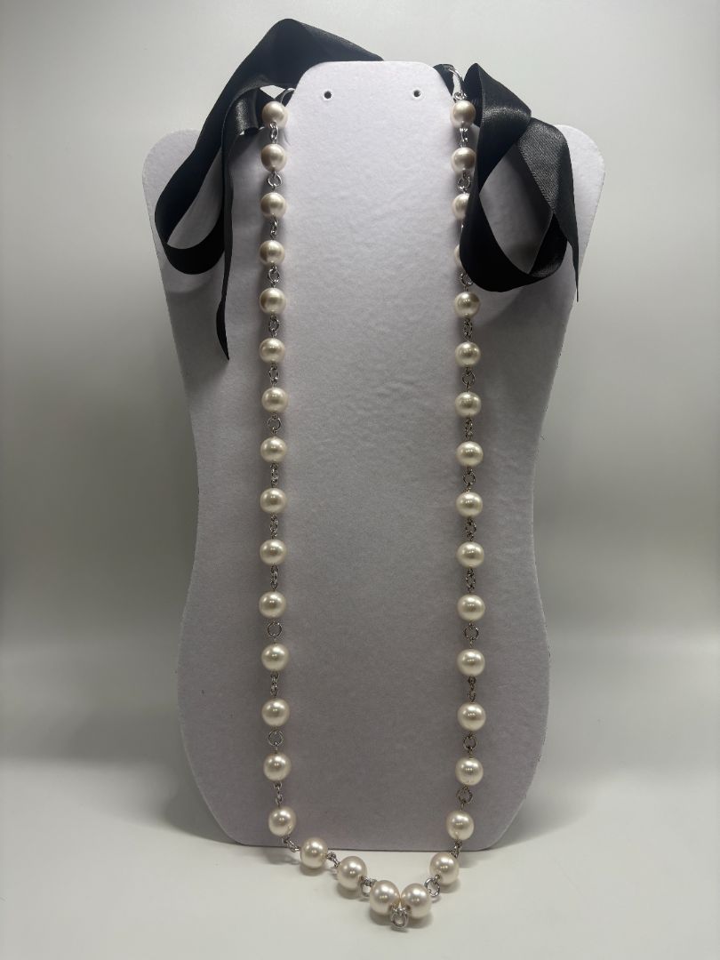 Vintage White Faux Pearl Station Chain Satin Ribbon Tie Necklace