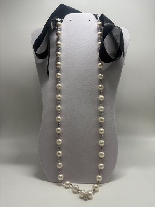 Vintage White Faux Pearl Station Chain Satin Ribbon Tie Necklace
