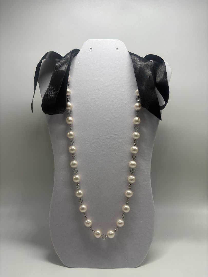 Vintage White Faux Pearl Station Chain Satin Ribbon Tie Necklace