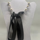 Vintage White Faux Pearl Station Chain Satin Ribbon Tie Necklace
