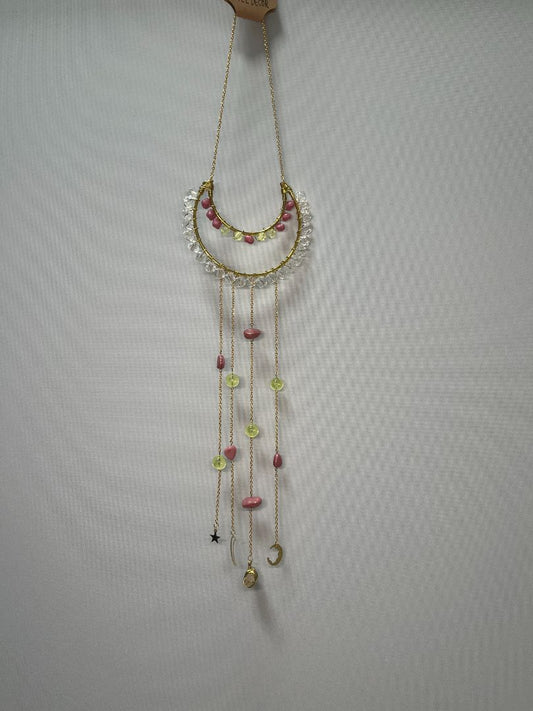 Celestial + Clear Quartz Gold, Pink, & Green Beaded Sun Catcher Hanging Wall Decor | Handmade