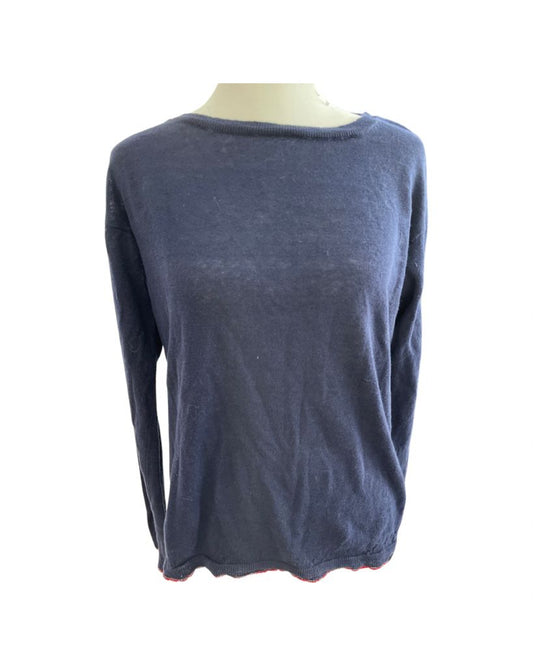 Ines De La Fressange Navy Thin Sweater with Red Trim